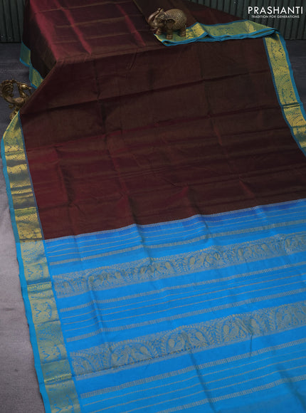 Silk cotton saree coffee brown and cs blue with allover vairaosi pattern and annam zari woven border