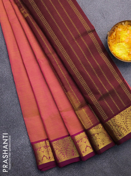 Silk cotton saree dual shade of pinkish yellow and wine shade with allover vairaosi pattern and annam zari woven border