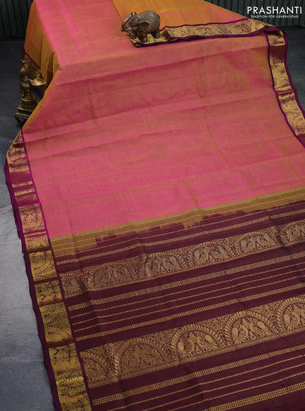 Silk cotton saree dual shade of pinkish yellow and wine shade with allover vairaosi pattern and annam zari woven border