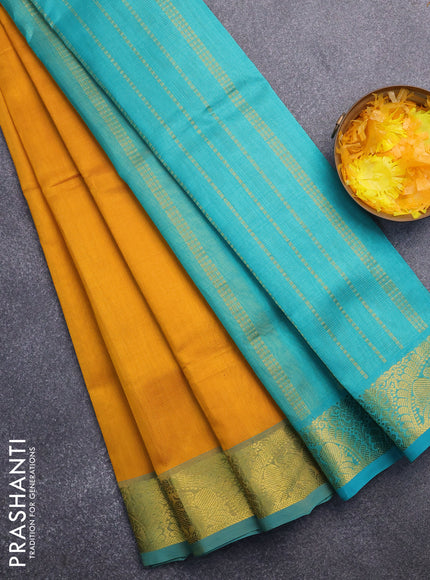 Silk cotton saree mango yellow and teal blue with allover vairaosi pattern and annam zari woven border