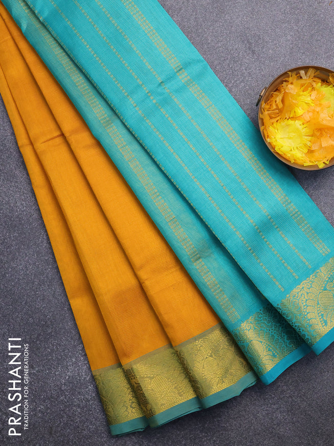 Silk cotton saree mango yellow and teal blue with allover vairaosi pattern and annam zari woven border