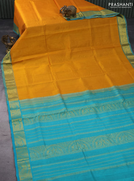 Silk cotton saree mango yellow and teal blue with allover vairaosi pattern and annam zari woven border