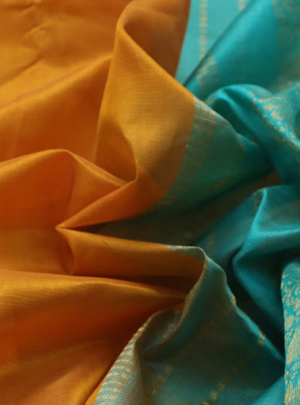 Silk cotton saree mango yellow and teal blue with allover vairaosi pattern and annam zari woven border