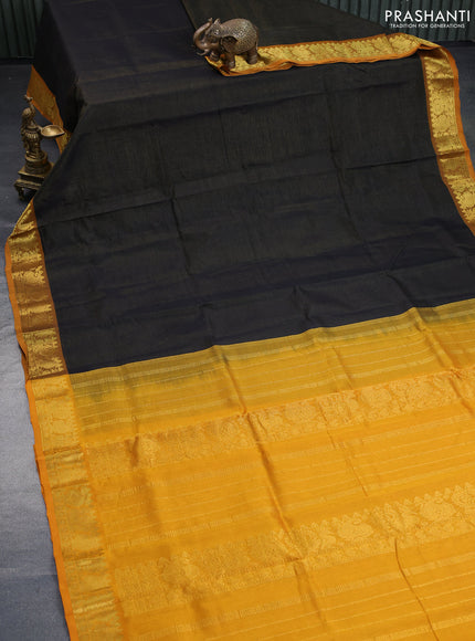 Silk cotton saree black and mango yellow with allover vairaosi pattern and annam & paisley zari woven border