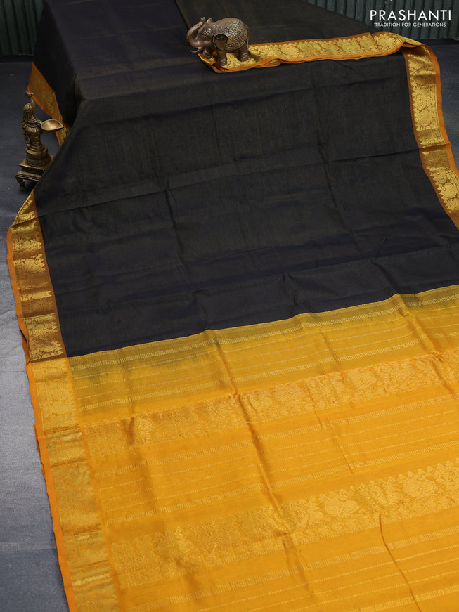 Silk cotton saree black and mango yellow with allover vairaosi pattern and annam & paisley zari woven border