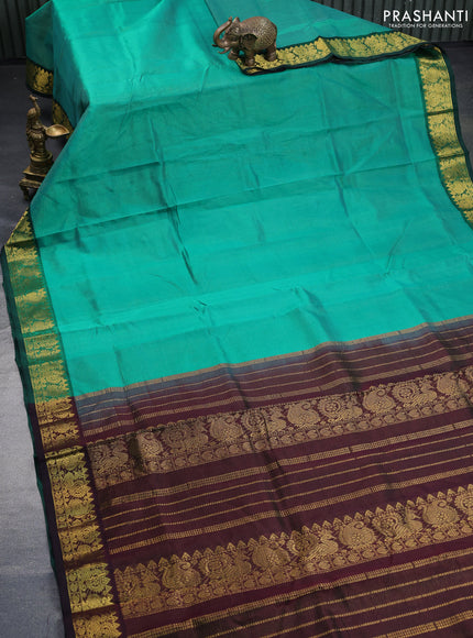 Silk cotton saree green and coffee brown with allover vairaosi pattern and annam & paisley zari woven border