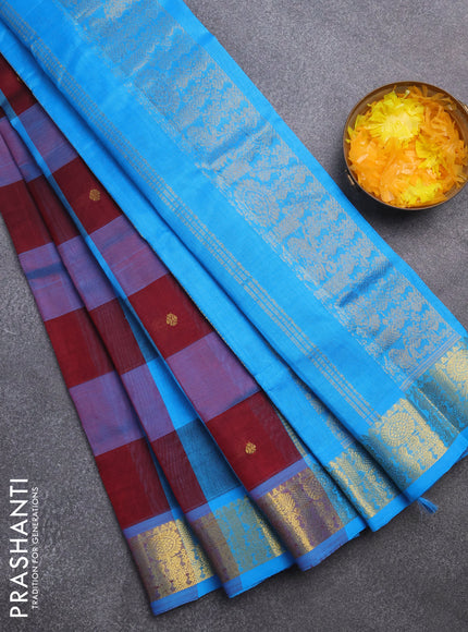 Silk cotton saree maroon and cs blue with allover paalum pazhamum checks & zari buttas and rich zari woven border