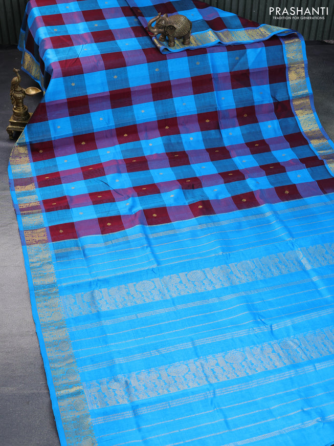 Silk cotton saree maroon and cs blue with allover paalum pazhamum checks & zari buttas and rich zari woven border