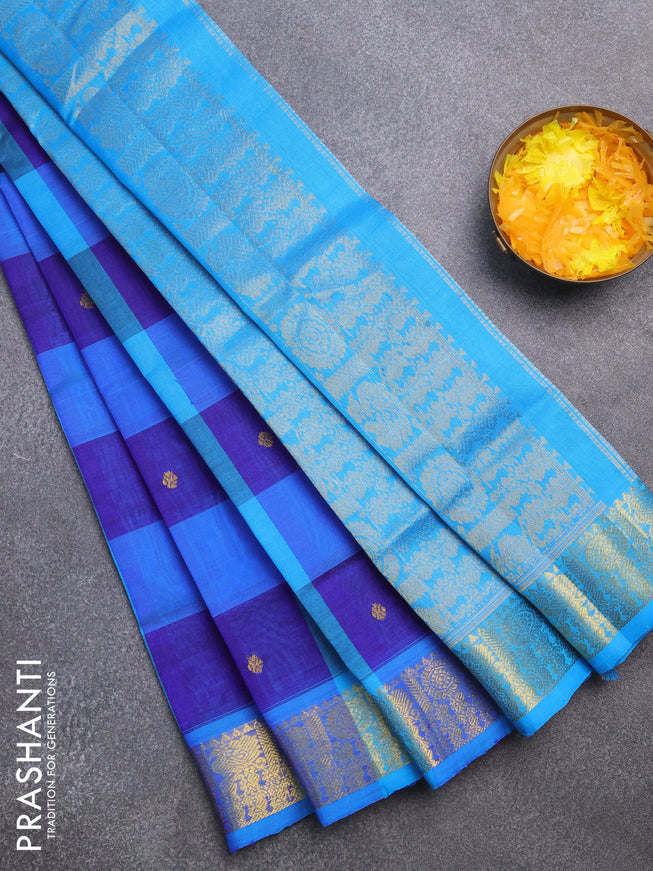 Silk cotton saree blue and cs blue with allover paalum pazhamum checks & zari buttas and rich zari woven border