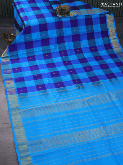 Silk cotton saree blue and cs blue with allover paalum pazhamum checks & zari buttas and rich zari woven border