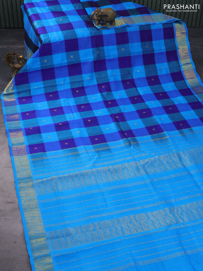 Silk cotton saree blue and cs blue with allover paalum pazhamum checks & zari buttas and rich zari woven border