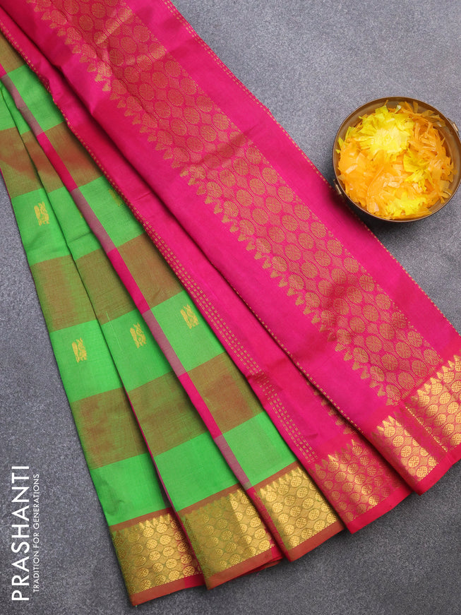 Silk cotton saree parrot green and pink with allover paalum pazhamum checks & zari buttas and rich zari woven border