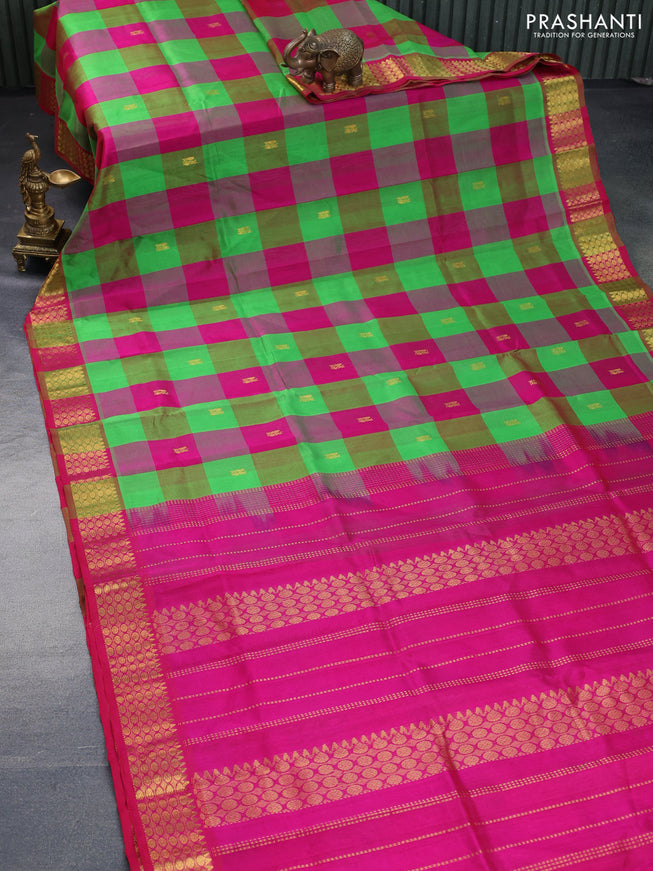 Silk cotton saree parrot green and pink with allover paalum pazhamum checks & zari buttas and rich zari woven border