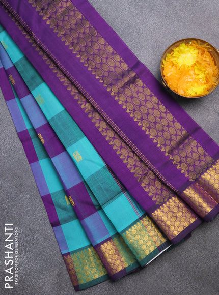 Silk cotton saree teal blue and violet with allover paalum pazhamum checks & zari buttas and rich zari woven border