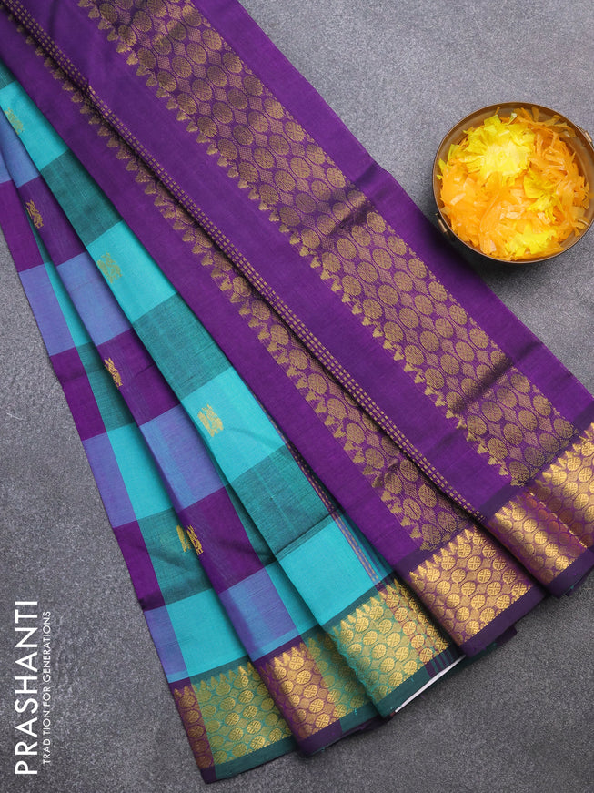 Silk cotton saree teal blue and violet with allover paalum pazhamum checks & zari buttas and rich zari woven border