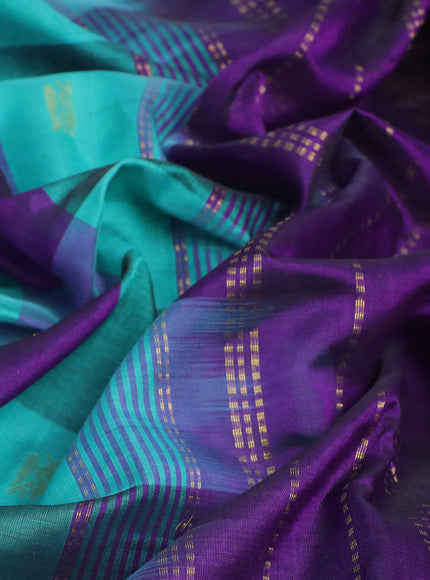 Silk cotton saree teal blue and violet with allover paalum pazhamum checks & zari buttas and rich zari woven border