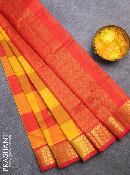 Silk cotton saree yellow and red with allover paalum pazhamum checks & zari buttas and rich zari woven border