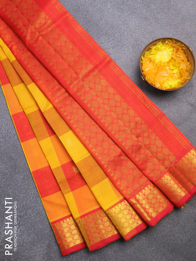 Silk cotton saree yellow and red with allover paalum pazhamum checks & zari buttas and rich zari woven border