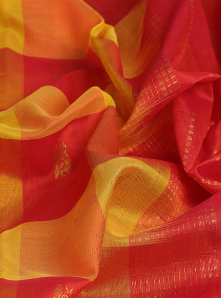 Silk cotton saree yellow and red with allover paalum pazhamum checks & zari buttas and rich zari woven border