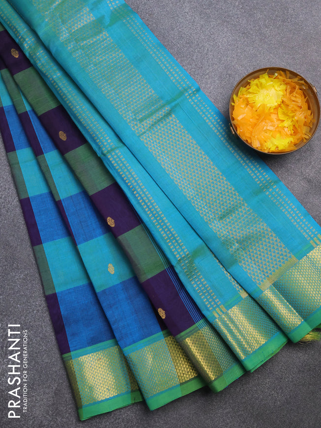 Silk cotton saree multi colour and dual shade of teal blue with allover paalum pazhamum checks & zari buttas and rich zari woven border