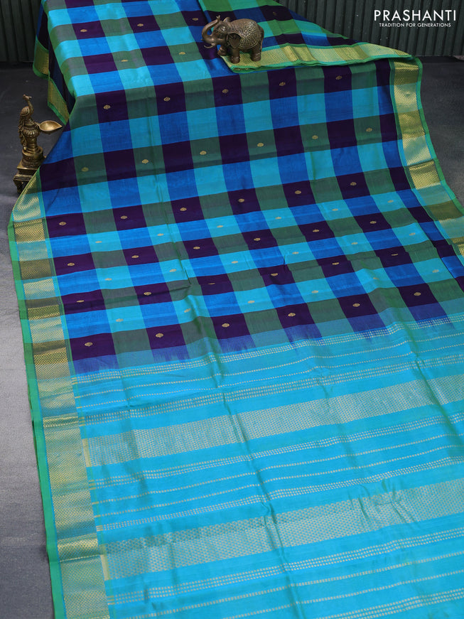 Silk cotton saree multi colour and dual shade of teal blue with allover paalum pazhamum checks & zari buttas and rich zari woven border