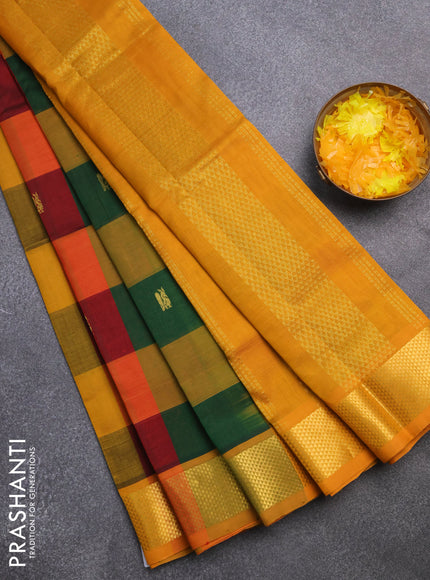 Silk cotton saree multi colour and mustard yellow with allover paalum pazhamum checks & zari buttas and rich zari woven border