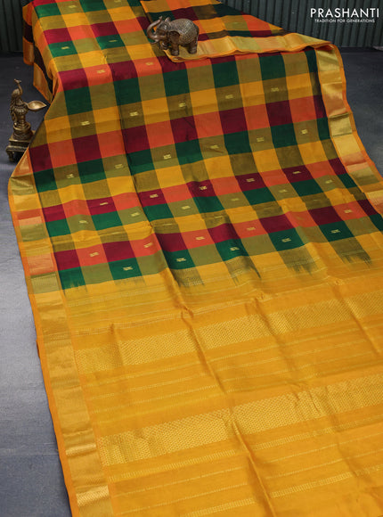 Silk cotton saree multi colour and mustard yellow with allover paalum pazhamum checks & zari buttas and rich zari woven border