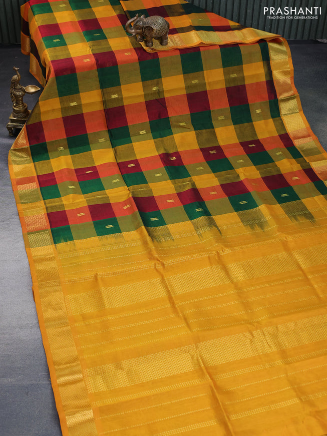 Silk cotton saree multi colour and mustard yellow with allover paalum pazhamum checks & zari buttas and rich zari woven border