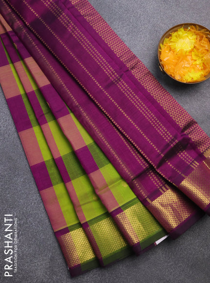 Silk cotton saree light green and purple with allover paalum pazhamum checks & zari buttas and rich zari woven border