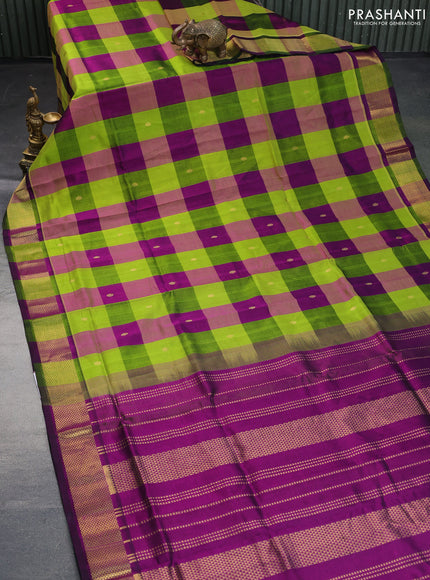 Silk cotton saree light green and purple with allover paalum pazhamum checks & zari buttas and rich zari woven border