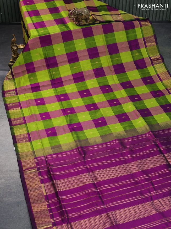 Silk cotton saree light green and purple with allover paalum pazhamum checks & zari buttas and rich zari woven border