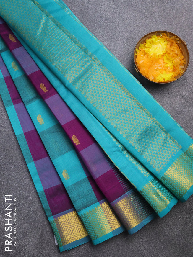 Silk cotton saree purple and teal blue with allover paalum pazhamum checks & zari buttas and rich zari woven border