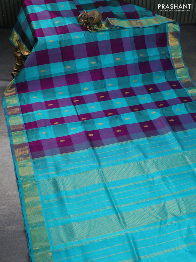 Silk cotton saree purple and teal blue with allover paalum pazhamum checks & zari buttas and rich zari woven border