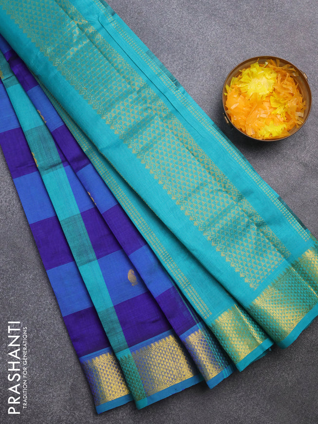 Silk cotton saree blue and teal blue with allover paalum pazhamum checks & zari buttas and rich zari woven border