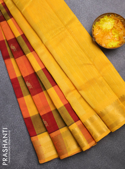 Silk cotton saree maroon and mango yellow with allover paalum pazhamum checks & zari buttas and rich zari woven border