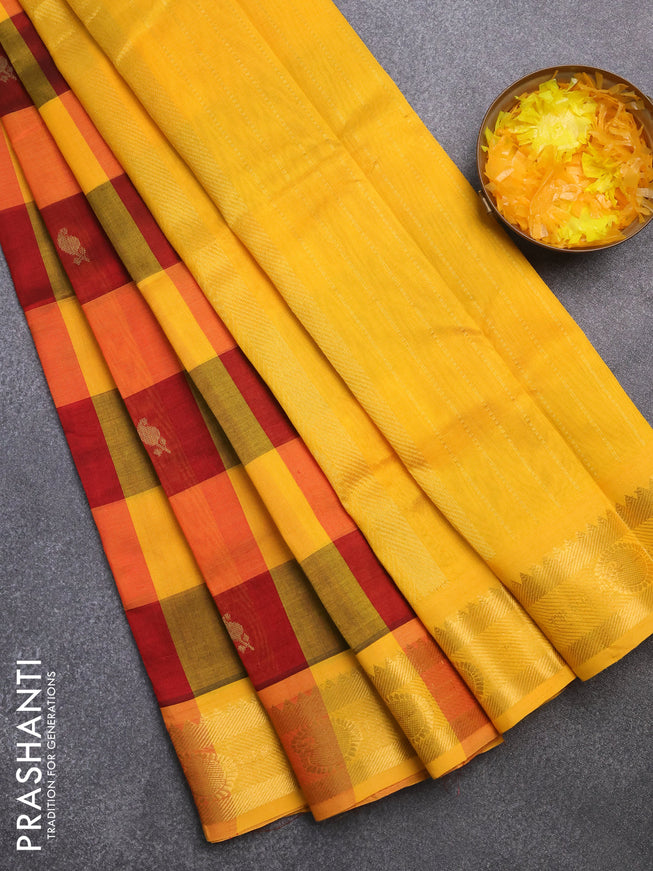 Silk cotton saree maroon and mango yellow with allover paalum pazhamum checks & zari buttas and rich zari woven border