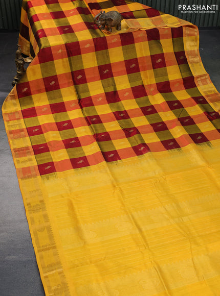 Silk cotton saree maroon and mango yellow with allover paalum pazhamum checks & zari buttas and rich zari woven border