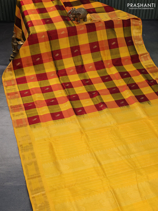 Silk cotton saree maroon and mango yellow with allover paalum pazhamum checks & zari buttas and rich zari woven border