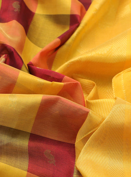 Silk cotton saree maroon and mango yellow with allover paalum pazhamum checks & zari buttas and rich zari woven border