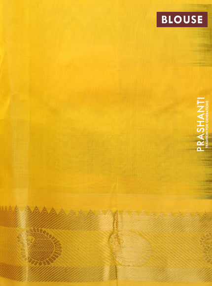 Silk cotton saree maroon and mango yellow with allover paalum pazhamum checks & zari buttas and rich zari woven border