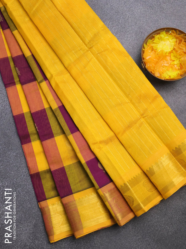 Silk cotton saree purple and yellow with allover paalum pazhamum checks & zari buttas and rich zari woven border