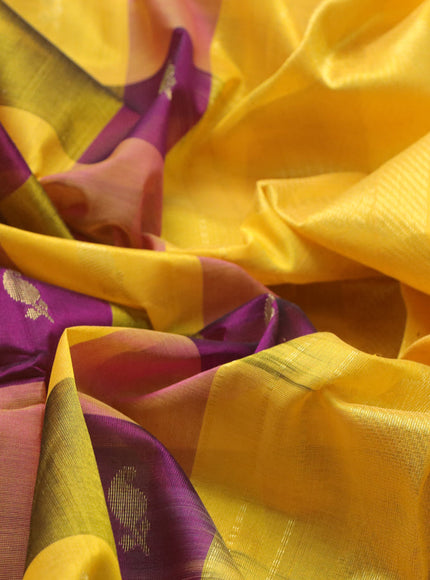 Silk cotton saree purple and yellow with allover paalum pazhamum checks & zari buttas and rich zari woven border