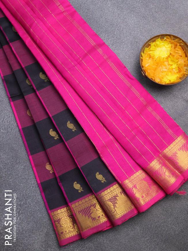 Silk cotton saree black and pink with allover paalum pazhamum checks & zari buttas and rich zari woven border