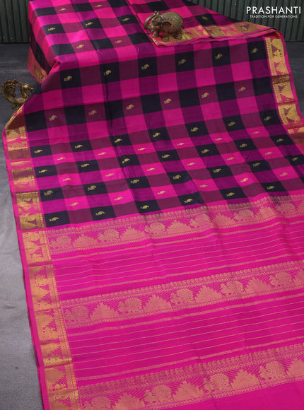 Silk cotton saree black and pink with allover paalum pazhamum checks & zari buttas and rich zari woven border