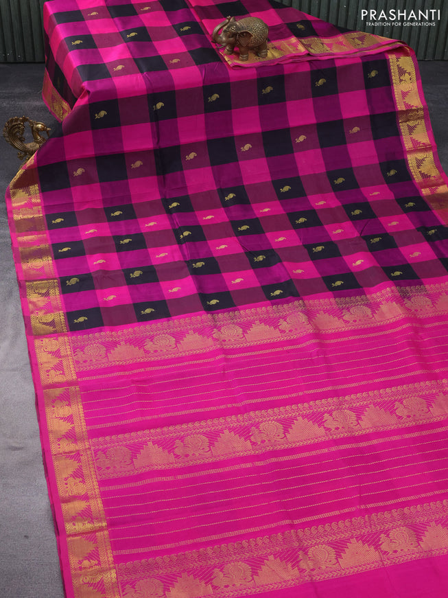 Silk cotton saree black and pink with allover paalum pazhamum checks & zari buttas and rich zari woven border