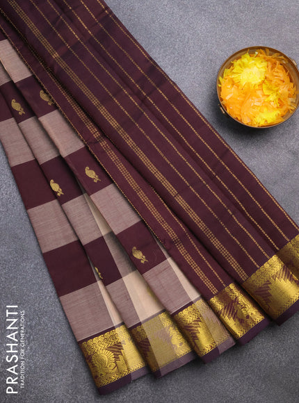 Silk cotton saree sandal and coffee brown with allover paalum pazhamum checks & zari buttas and rich zari woven border