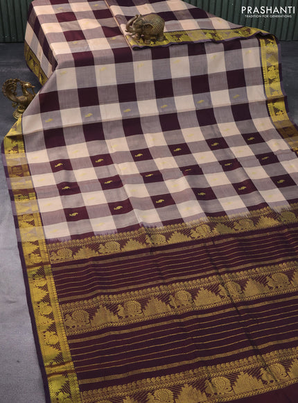 Silk cotton saree sandal and coffee brown with allover paalum pazhamum checks & zari buttas and rich zari woven border