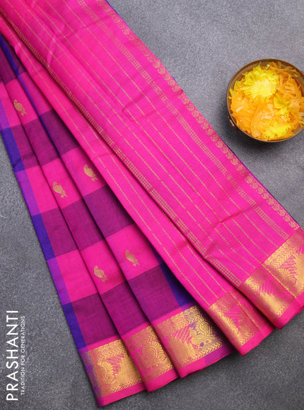 Silk cotton saree blue and pink with allover paalum pazhamum checks & zari buttas and rich zari woven border