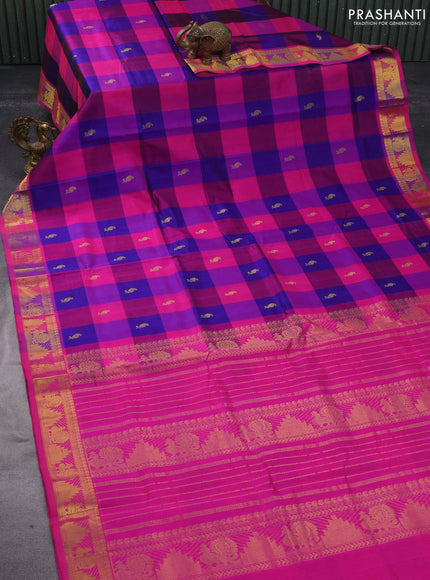 Silk cotton saree blue and pink with allover paalum pazhamum checks & zari buttas and rich zari woven border