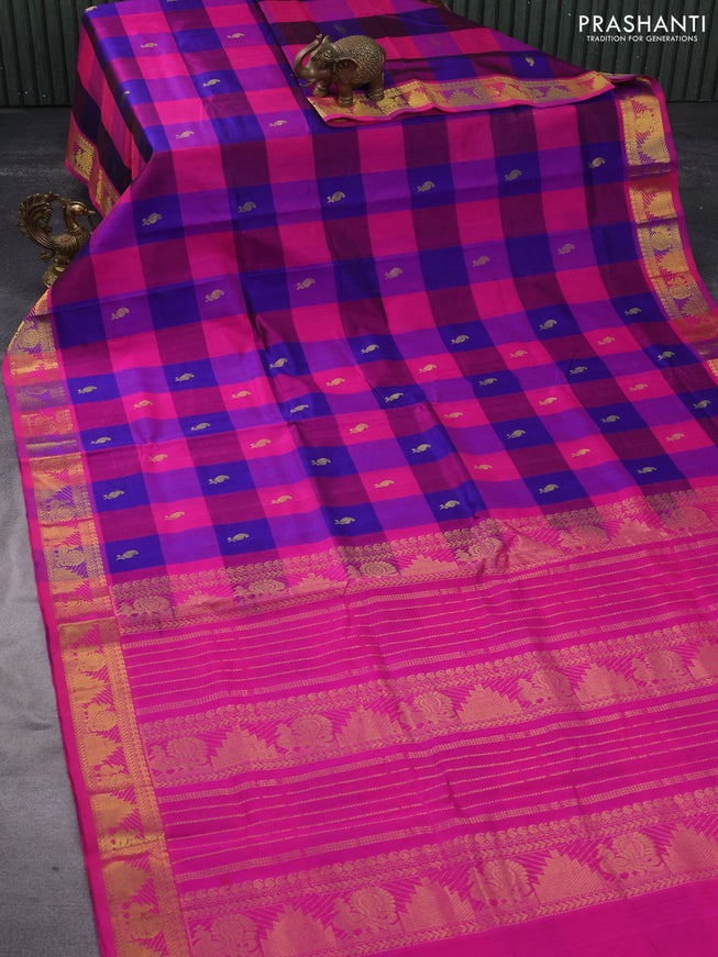 Silk cotton saree blue and pink with allover paalum pazhamum checks & zari buttas and rich zari woven border